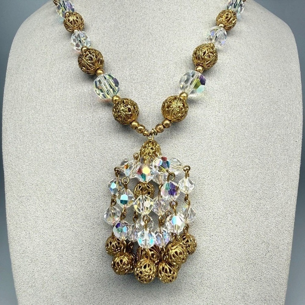 Vintage AB Crystal and Gold Tone Filigree Chandelier Pendant Necklace 22" Runway